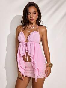SHEIN BAE Áo hai dây cổ yếm gợi cảm màu trơn phong cách Y2K dành cho nữ, kiểu dáng bất đối xứng, xếp nếp, thắt eo. - Hồng - Xem 3