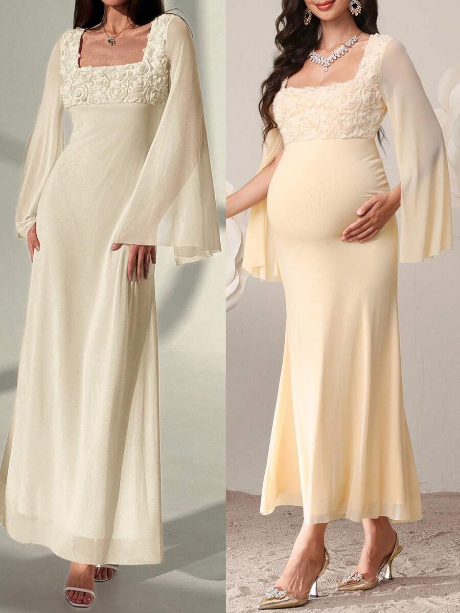 SHEIN Maternity Clothes Maternity  Dress Summer Pregnant Clothes Apricot Maternity Dress With Stand-Up Collar, Flared Sleeves, And Textured Floral Pattern, Elegant - Apricot - View 1