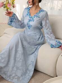 Al Najma 粉色长袖V领刺绣花卉边饰优雅喇叭裙摆女式连衣裙 - 藍色 - 查看 6