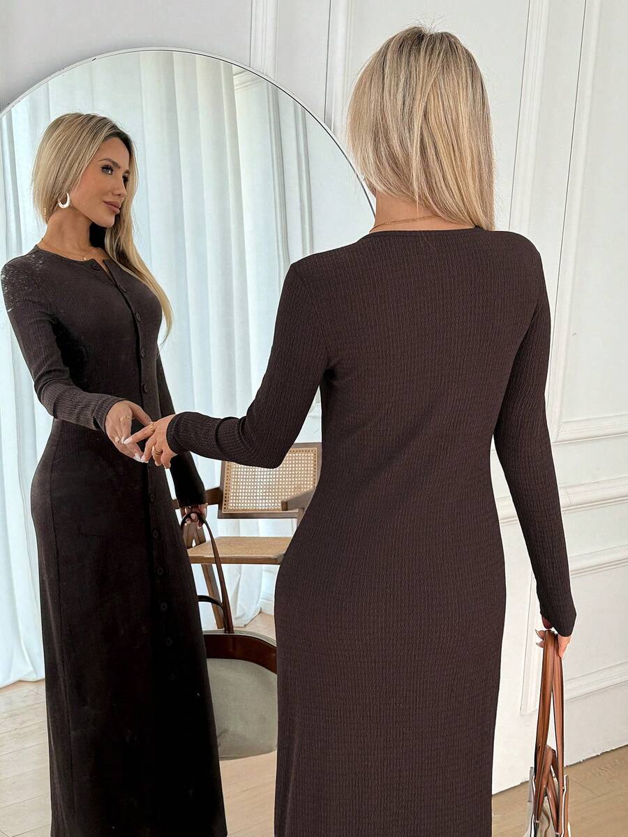 Easowa Autumn/Winter Casual Bodycon Dress, Button-Up Long Sleeve Black Dress For Women - Purple - View 1