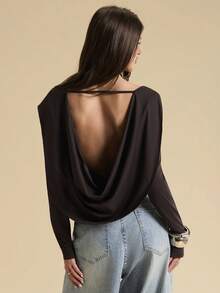 SHEIN BAE Brown Backless Plunging Neck Sexy Bodysuit For Women, Sexy Backless Top - Brown - View 6