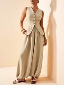 Zivah 2026 Spring/Summer New Arrival Wedding Season Music Festival Easter Western Boho Nashville Party Wedding Cocktail Date Casual Vacation Cruise Beach 2pcs Set: Button Front Vest + Ruched Exaggerated Lantern Leg Pants, Bamboo Texture Fabric, Khaki - Khaki - View 7