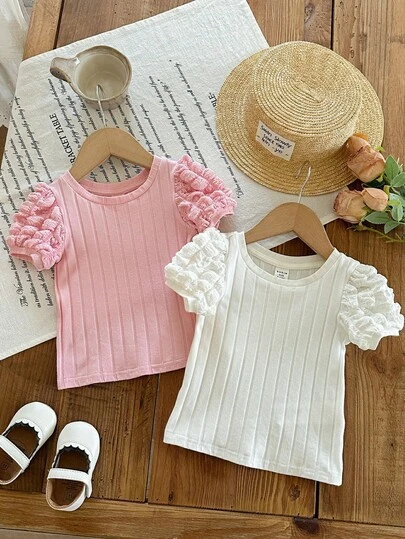 SHEIN 2件装可爱休闲纯色泡泡袖针织上衣，“女婴”