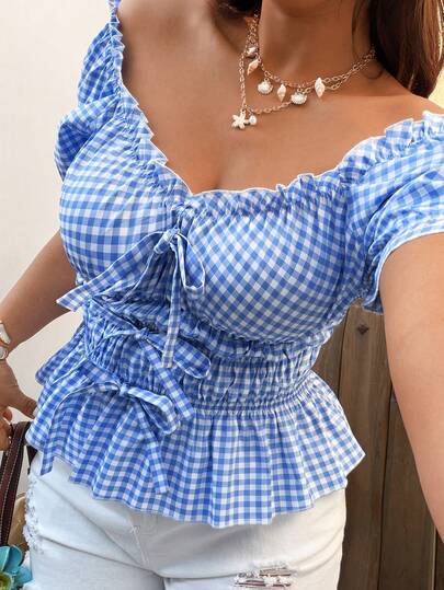 Sunnyshic 格子休闲学院风蝴蝶结装饰短袖衬衫