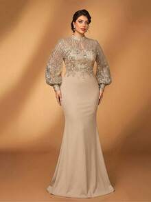 Serin Plus Size Elegant Romantic Champagne Water Drop Collar Puff Sleeve Luxury Sequin Patchwork Knit Waist Applique Mermaid Hem Dress, Suitable For Wedding, Party, Celebration, Mother Of The Bride Gown - Champagne - View 6