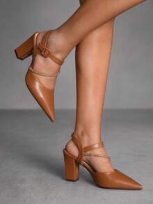 CUCCOO SZL Women's Pointed Toe Chunky Heel Ankle Strap Rhinestone Embellished Pumps, Brown, Classic Elegant Fashion Versatile Slip-On Mule Heels - Brown - View 5