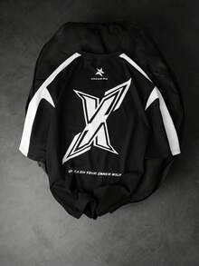 GENIUS ODE 男士街头风运动数字印花图案T恤，平针织面料 - 黑色 - 查看 1