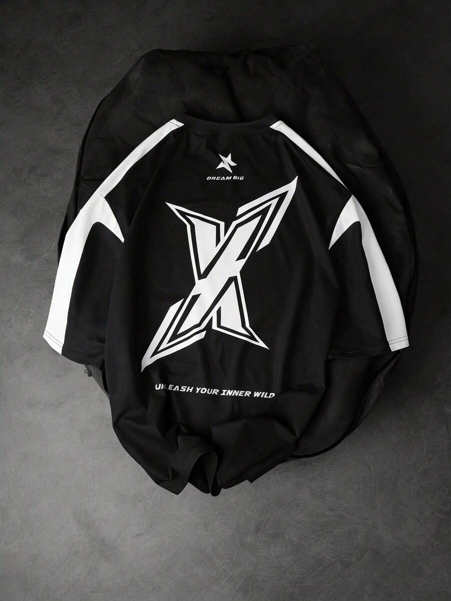 GENIUS ODE 男士街头风运动数字印花图案T恤，平针织面料 - 黑色 - 查看 1