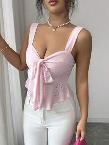 SHEIN Elenzya Women's Sweet Romantic Vacation Camisole, Pink Textured Knit Sleeveless Top Cute Tops Bow Tops For Women Baby Pink Top Women's Vest Tops Yacht Outfit Women - Pink - View 3
