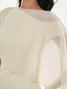 Poéselle 女士优雅时尚纯色不对称斗篷袖褶皱腰短连衣裙，夏季 - 杏色 - 查看 6