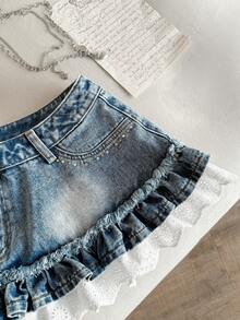 Elamini 女士牛仔裙，带口袋和荷叶边裙摆 - 黑色 - 查看 5