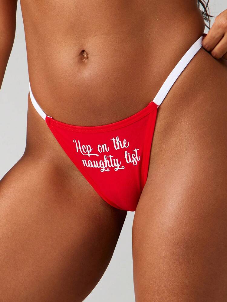 Missguided x Playboy Hop On The Naughty List Holiday Christmas Thong With White Strap Details And Bunny Logo Red Underwear