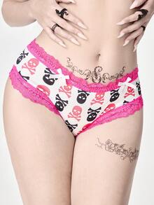 ROMWE Kawaii 女士可爱性感骷髅蕾丝蝴蝶结装饰内裤 - 白色 - 查看 1