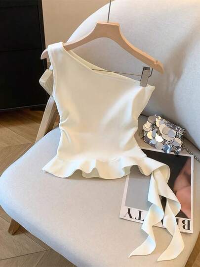 GlowEve 女士优雅纯色荷叶边下摆无袖上衣，夏季