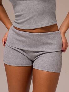 MUSERA ESSENTIALS Rib Fold Over Waist Mini Shorts Basic Summer Vacation Holiday   Elegant Spring Everyday - Grey - View 5