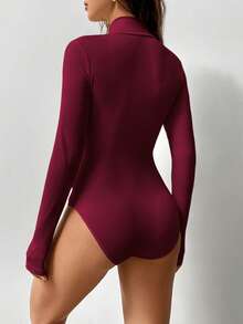 Flirla 1pc Front Zipper Fitted Long Sleeve Bodysuit - Burgundy - View 2