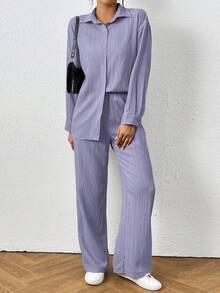 SHEIN PETITE Conjunto casual de 2 piezas de camisa de manga larga de un solo pecho y pantalones de unicolor para mujer - Morado - Ver 6