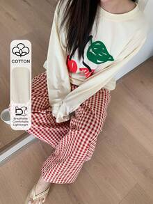 Dazy Plus Conjunto de pijama con parte superior de cuello redondo holgada con estampado de cerezas y pantalones largos a cuadros, ropa de dormir linda - Albaricoque - Ver 1