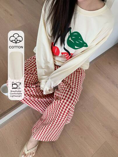 Dazy Plus Cherry Print Loose Round Neck Top & Plaid Long Pants Pajama Set, Cute Sleepwear