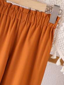 2pcs/Set Young Girl Fashionable Floral Print Cap Sleeve Top And Brown Drawstring Pants Casual Lightweight Summer Outfit - Multicolor - View 3