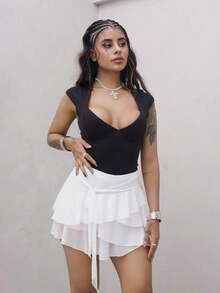 Rayane Ketlyn Women's Multi-Layer Ruffle Trim Low Rise Y2K Mini Black Skirt - White - View 4