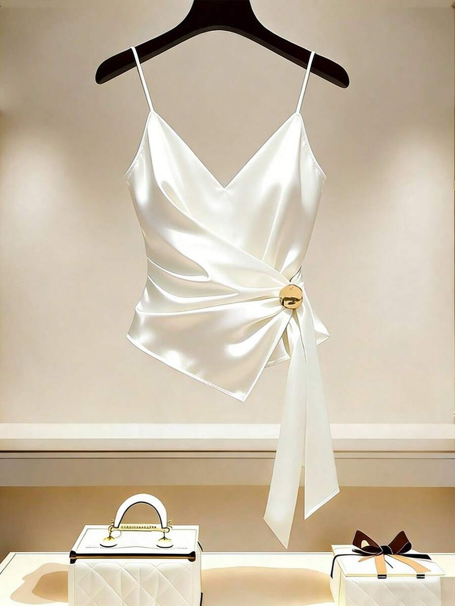 GlowEve White Satin Twist Knot Metal Buckle Camisole V-Neck Waist Cinched Slim Fit Layering Camisole, Elegant For Commute And Date - Champagne - View 1