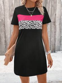 EMERY ROSE Women's Summer Casual Beach Vacation Leopard Print Patchwork Contrast Color Short Sleeve T-Shirt Dress - Multicolor - View 4