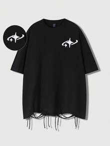 ROMWE MEN 男士休闲时尚街头通勤星形刺绣做旧下摆宽松黑色T恤，夏季款 - 黑色 - 查看 1