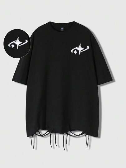 ROMWE MEN 男士休闲时尚街头通勤星形刺绣做旧下摆宽松黑色T恤，夏季款