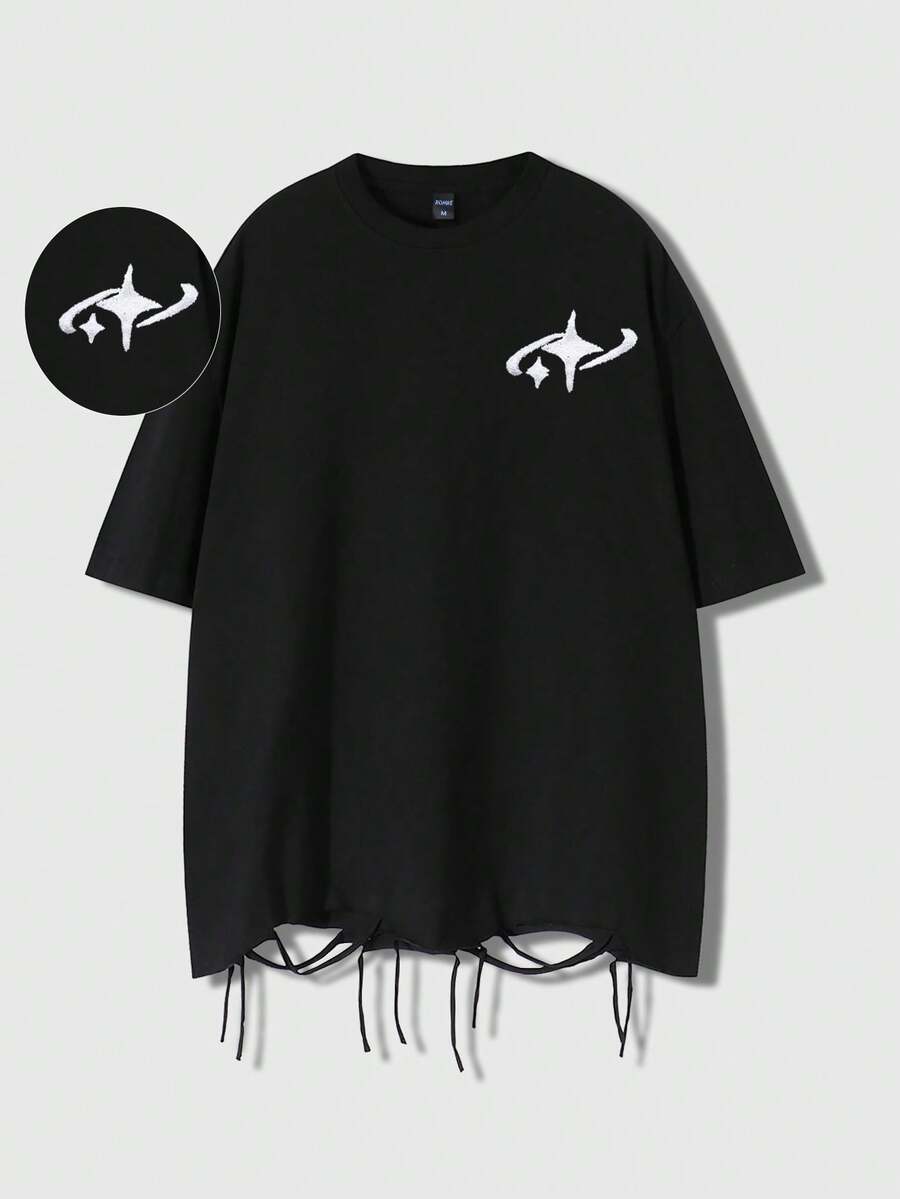 ROMWE MEN 男士休闲时尚街头通勤星形刺绣做旧下摆宽松黑色T恤，夏季款 - 黑色 - 查看 1