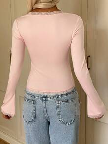CovetEZ 女士秋季纯色撞色蕾丝圆领修身长袖T恤 - 粉色 - 查看 2