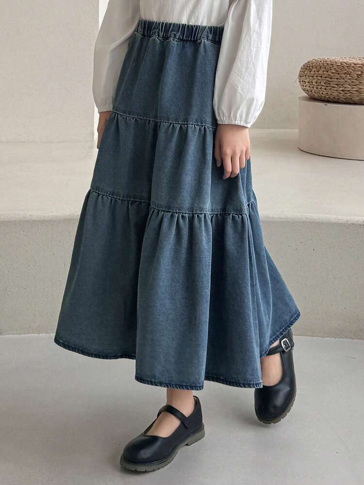 Tween Girls Elastic Waist Layered Ruffle Hem Casual Denim Skirt