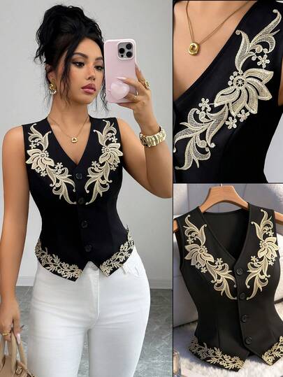 Elenzga Women's V-Neck Gold Floral Trim, Open Front, Gold Floral Hem Decoration, Waist Cinched Jacket, Spring/Summer