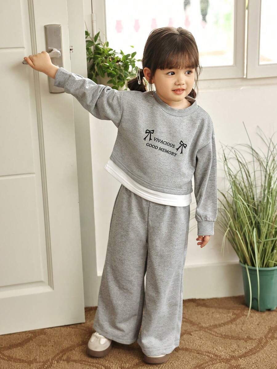 Genkimix Kids 2 件套女童韩版宽松花卉印花蝴蝶结装饰运动衫 - 灰色 - 查看 1