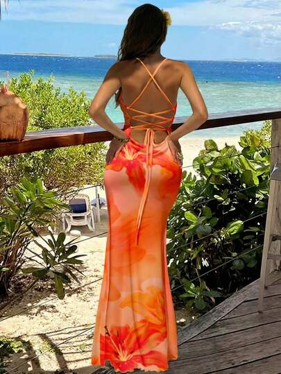 Aloruh 女士优雅印花露背吊带连衣裙，露背连衣裙，芙蓉花，夏威夷花卉，沙滩装，度假装