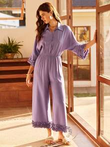 Bohemian Casual Vacation Ruffled Jumpsuit, Loose Cinched Waist Jumpsuit, Relaxed & Romantic Elegant Sleepwear For Women - Red Violet - View 3