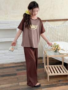 DAZY 2pcs Tween Girl Girls Crew Neck Knit Printed Contrast Color T-Shirt + Pants Homewear Set - Coffee Brown - View 7