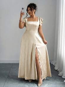 Elenzga 大码女式方领荷叶袖开衩长裙，绿色提花亮面面料，通勤、日常、伴娘、舞会、毕业典礼、休闲外出等场合皆宜，舒适时尚。 - 香檳色 - 查看 3