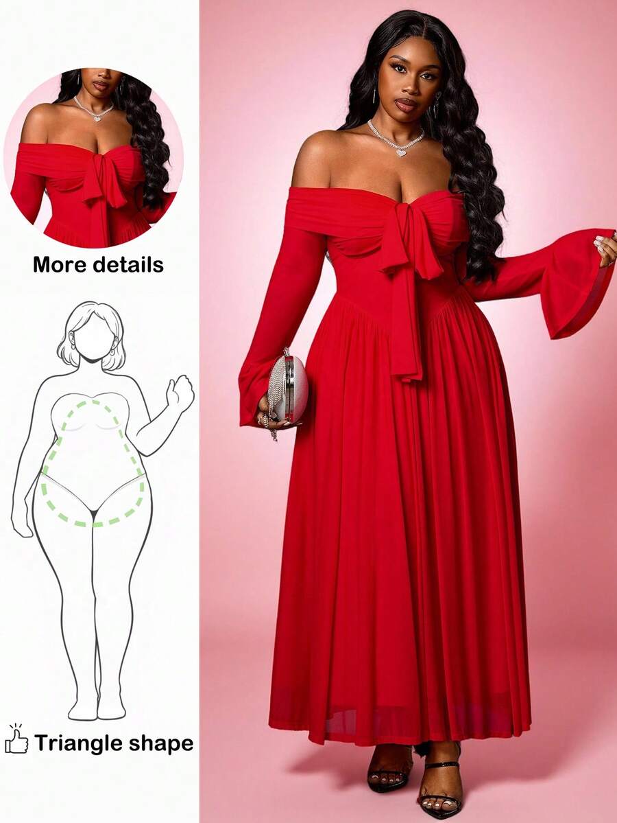 Truni 大码女士假日派对连衣裙，红色性感蝴蝶结肩部连衣裙 + 性感长袖网纱连衣裙 - 紅色 - 查看 1