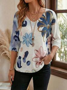 EMERY ROSE 女士优雅休闲度假3D数码印花V领宽松针织衫 - 彩色 - 查看 1