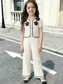Elladie kids Kleine Mädchen 2-teiliges Set: Kurzarm Top mit Strass Blumen Dekor + weite Hose, modisches Lässig Outfit für Frühling/Sommer - Aprikosenfarben - Übersicht 3
