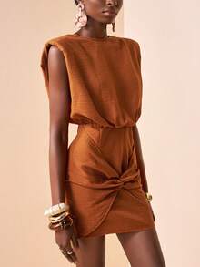 Zivah 2026 Spring/Summer New Elegant Twist Front Midi Dress, Suitable For Weddings And Music Festivals - Brown - View 5