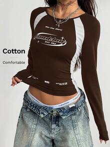 Coolane Women's Winter Streetwear Casual Game Day Back To School Graphics Casual Cotton Color-Blocked Dark Brown Round Neck Long Sleeve Tees - Brown - View 2