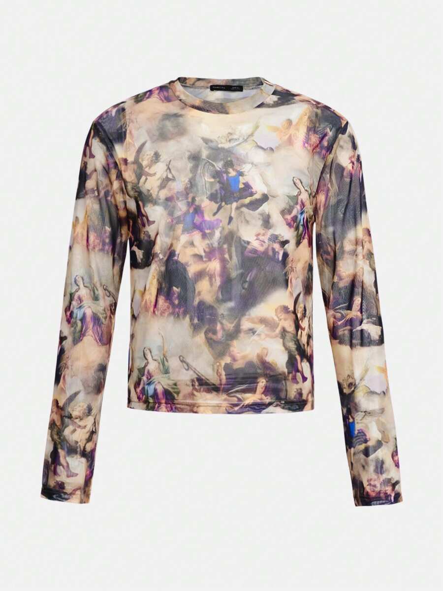 FeverCity 男士印花圆领宽松长袖休闲T恤 - 紫色 - 查看 1