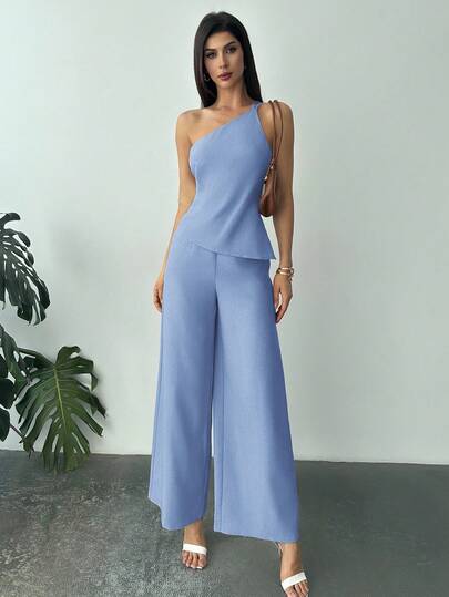 Firerie Nuevo conjunto de lino de verano/primavera elegante de color albaricoque con camiseta sin espalda con cintura fruncida y dobladillo asimétrico y pantalones largos de cintura alta de 2 piezas