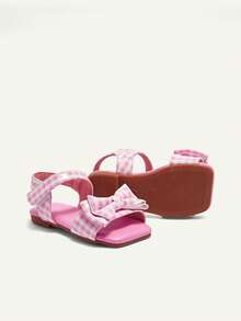 Cozy Pixies 一双女童粉白格子蝴蝶结夏季露趾凉鞋，适合日常穿着、夏季外出玩耍，搭配裙子时尚百搭，公主风方头凉鞋 - 粉色 - 查看 10