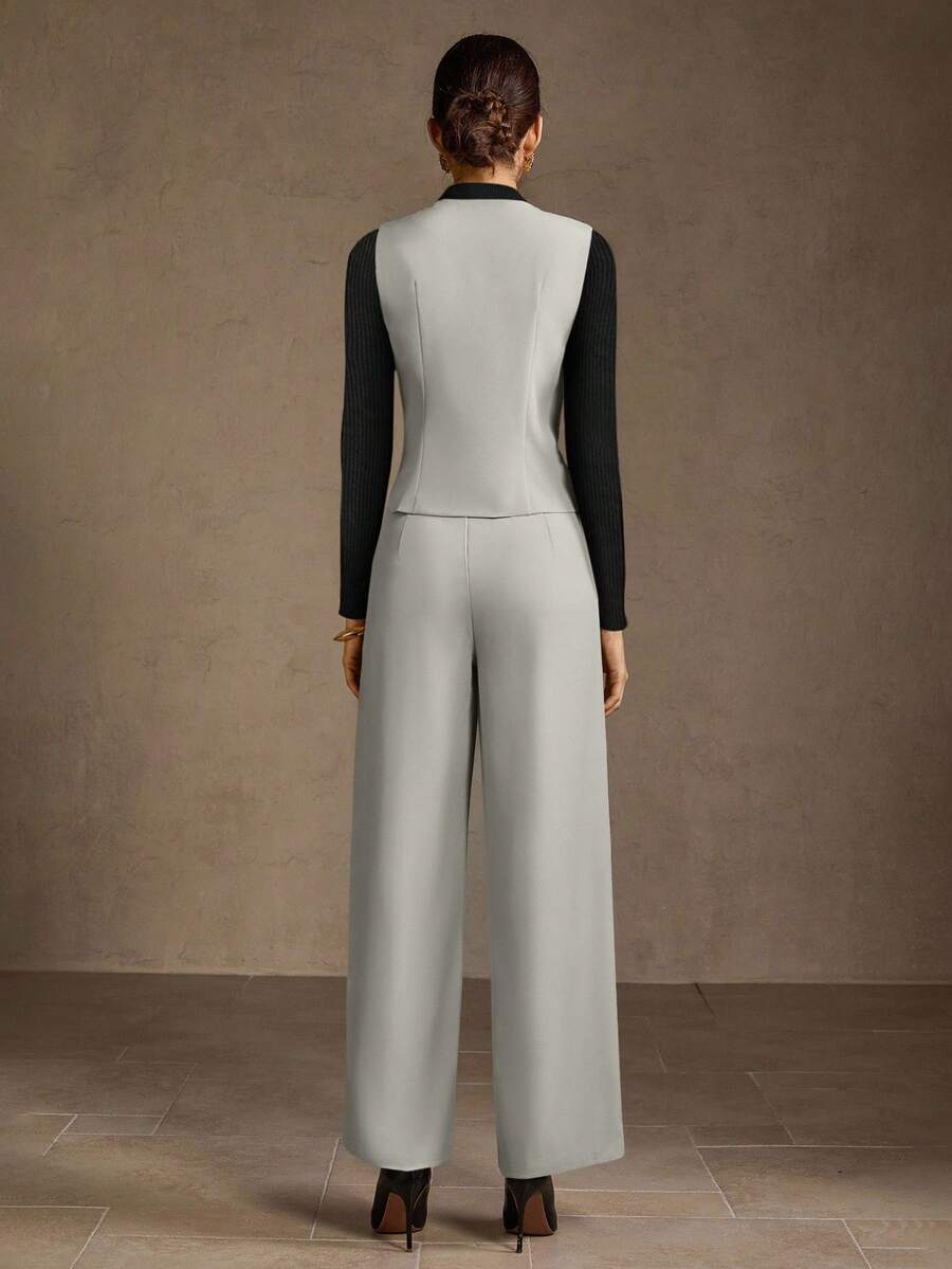 MOTF PREMIUM WOMEN'S 2-PIECES SET , ELEGANT LIGHT GRAY SUIT SET, FASHIONABLE SLIMMING AND ELONGATING - Light Grey - View 2