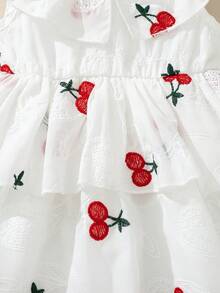 Souflis Souflis Baby Mädchen Sommer Neu Rüschen Kragen Lochstickerei Kirsche Muster Vintage Ärmellos Kleid - Rot-Weiß - Übersicht 5