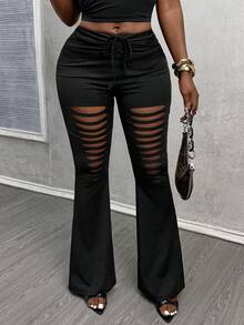 Glyssa 女士性感不对称喇叭破洞裤 - 黑色 - 查看 4