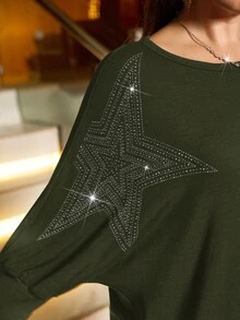 EMERY ROSE Plus Size Women's Casual Everyday Commute Rhinestone Star Pattern Gigot Sleeve Loose T-Shirt, Spring/Autumn Women Long Sleeve Tops Batwing Sleeve Top Green Long Sleeve Top - Army Green - View 6